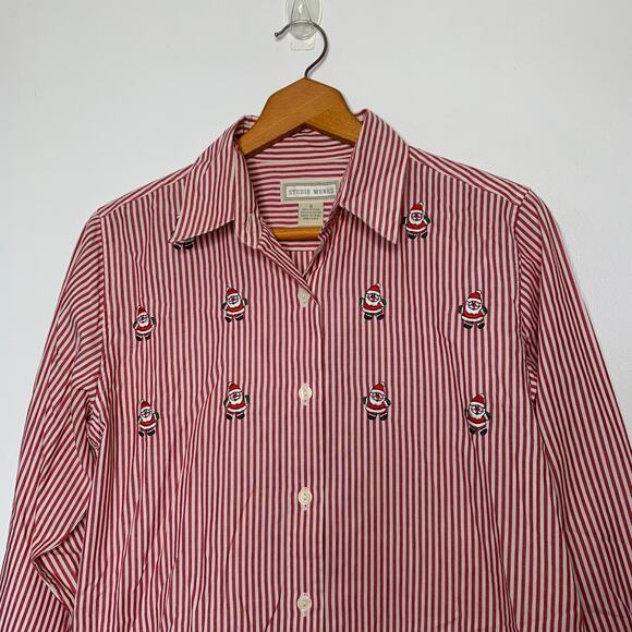 Vintage 90s women's red white striped embroidered Santa long sleeve shirt US 8 - Picture 4 of 10
